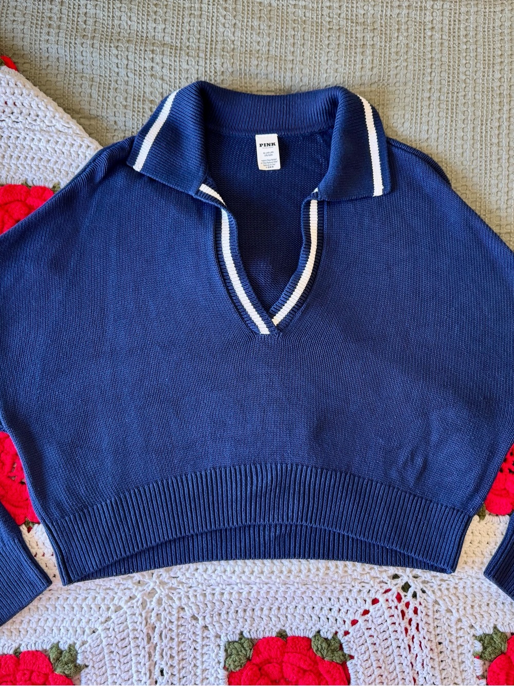 PINK Victoria's Secret Navy Knit Polo Sweater with White Trim